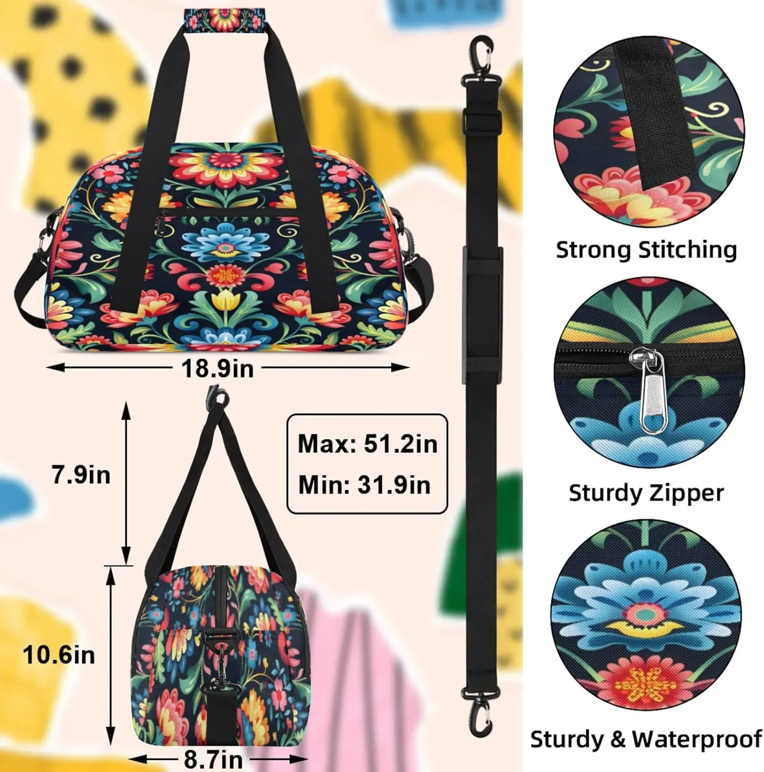 Mexico Otomi Style Floral Small Gym Bag 18 inch Carry On Duffel Bag for Weekender Travel Sports Workout Yoga Gymnastics Dance Ballet