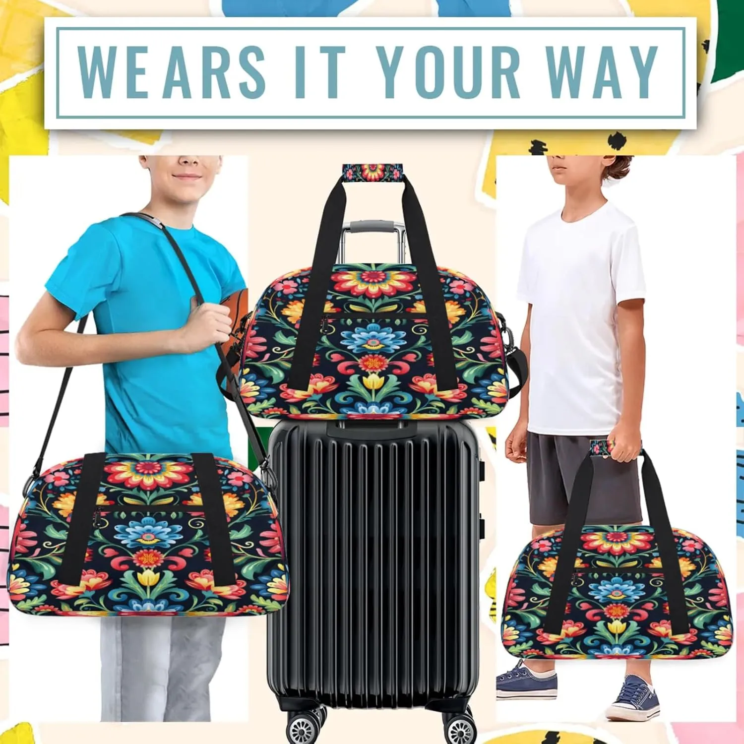 Mexico Otomi Style Floral Small Gym Bag 18 inch Carry On Duffel Bag for Weekender Travel Sports Workout Yoga Gymnastics Dance Ballet