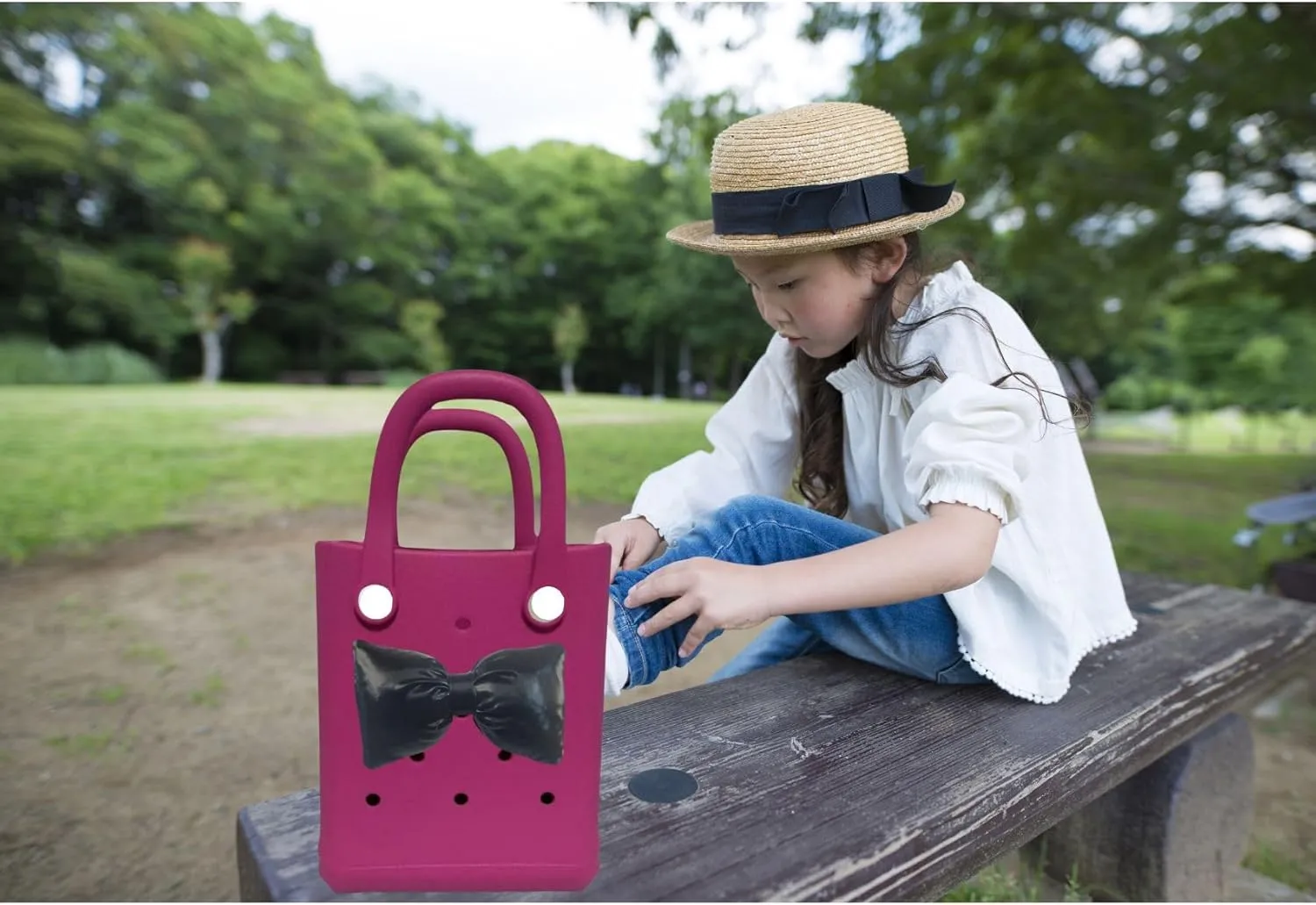 Mini Rubber tote bag, Rubber Beach Tote, Lightweight Washable Tote for Beach Pool Travel (Haute Pink Black)