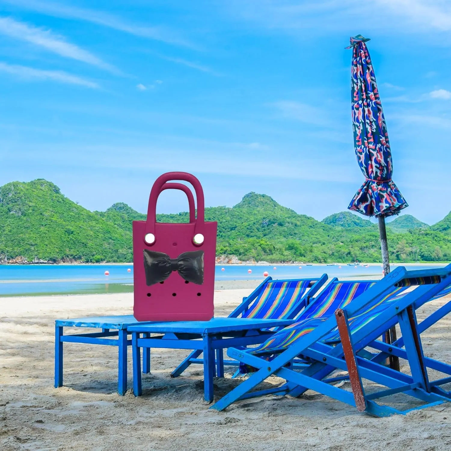 Mini Rubber tote bag, Rubber Beach Tote, Lightweight Washable Tote for Beach Pool Travel (Haute Pink Black)