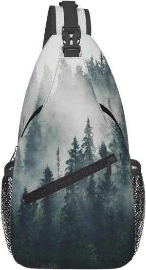 Misty Foggy Mountain Landscape Fir Forest Sling Crossbody Bag-Travel Hiking Chest Backpack,Casual Daypack for Women and Men,Lightweight Shoulder Purse for Daily Use and Outdoor Adventures