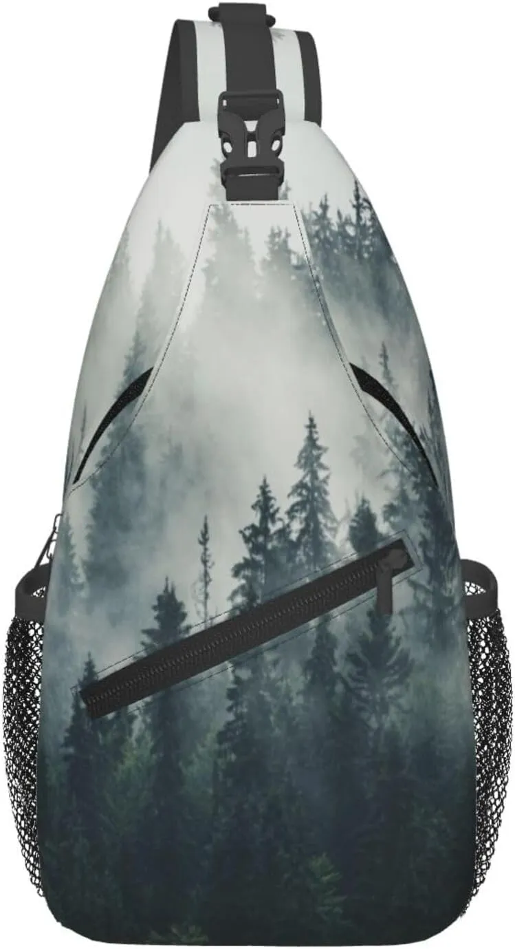 Misty Foggy Mountain Landscape Fir Forest Sling Crossbody Bag-Travel Hiking Chest Backpack,Casual Daypack for Women and Men,Lightweight Shoulder Purse for Daily Use and Outdoor Adventures