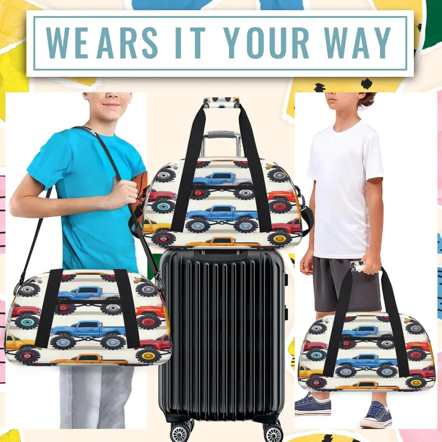 Monster Truck Cars Small Gym Bag 18 inch Carry On Duffel Bag for Weekender Travel Sports Workout Yoga Gymnastics Dance Ballet