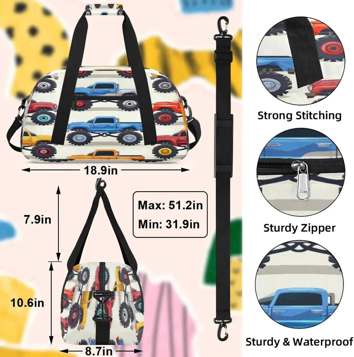 Monster Truck Cars Small Gym Bag 18 inch Carry On Duffel Bag for Weekender Travel Sports Workout Yoga Gymnastics Dance Ballet