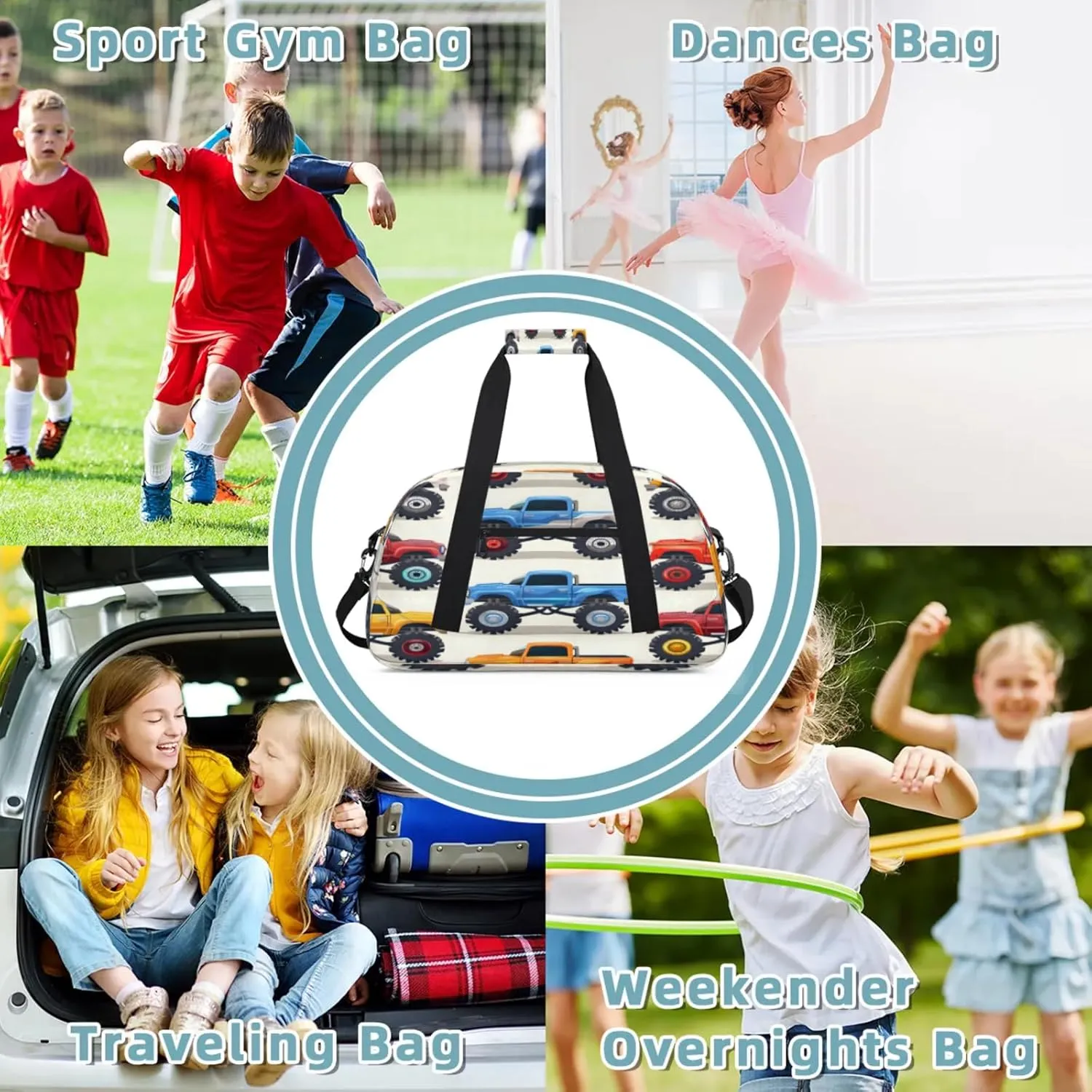Monster Truck Cars Small Gym Bag 18 inch Carry On Duffel Bag for Weekender Travel Sports Workout Yoga Gymnastics Dance Ballet