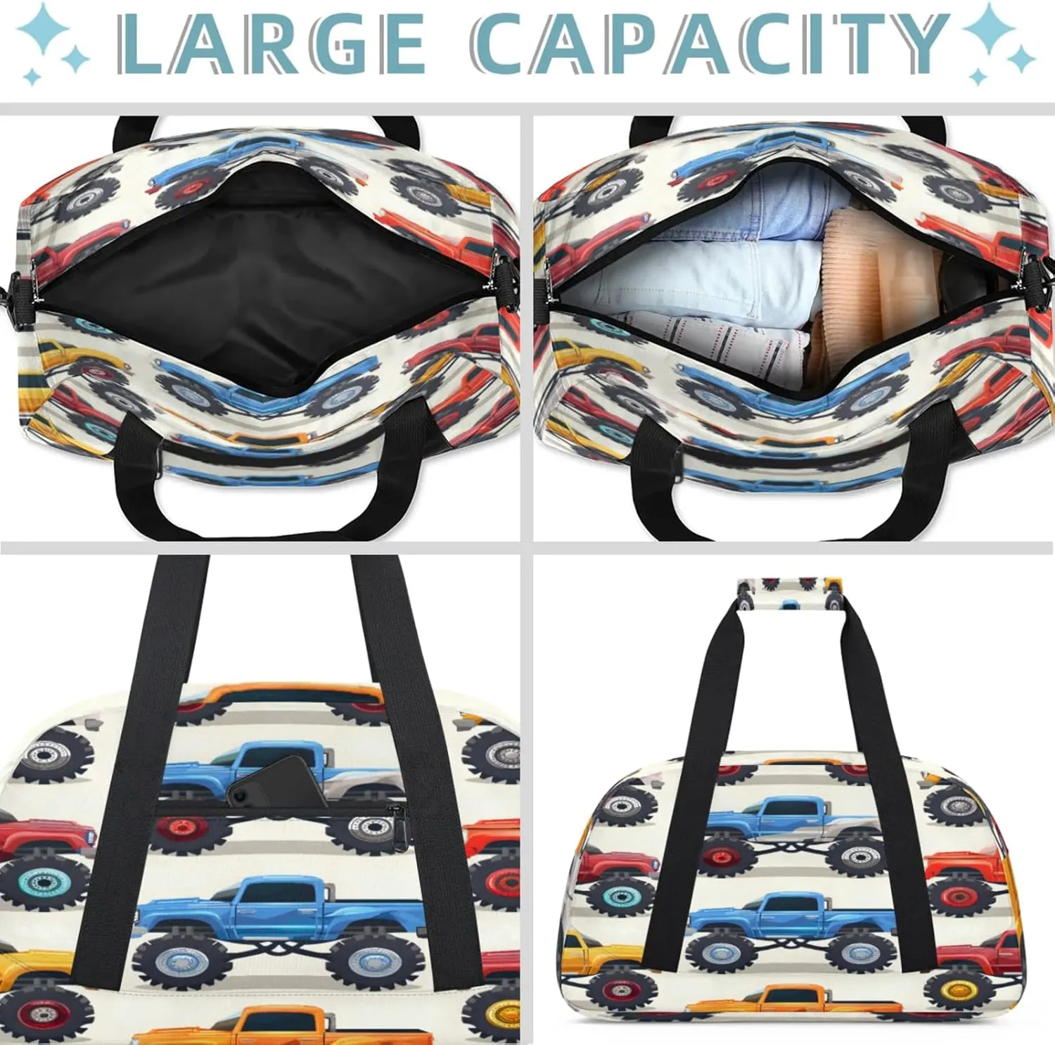 Monster Truck Cars Small Gym Bag 18 inch Carry On Duffel Bag for Weekender Travel Sports Workout Yoga Gymnastics Dance Ballet