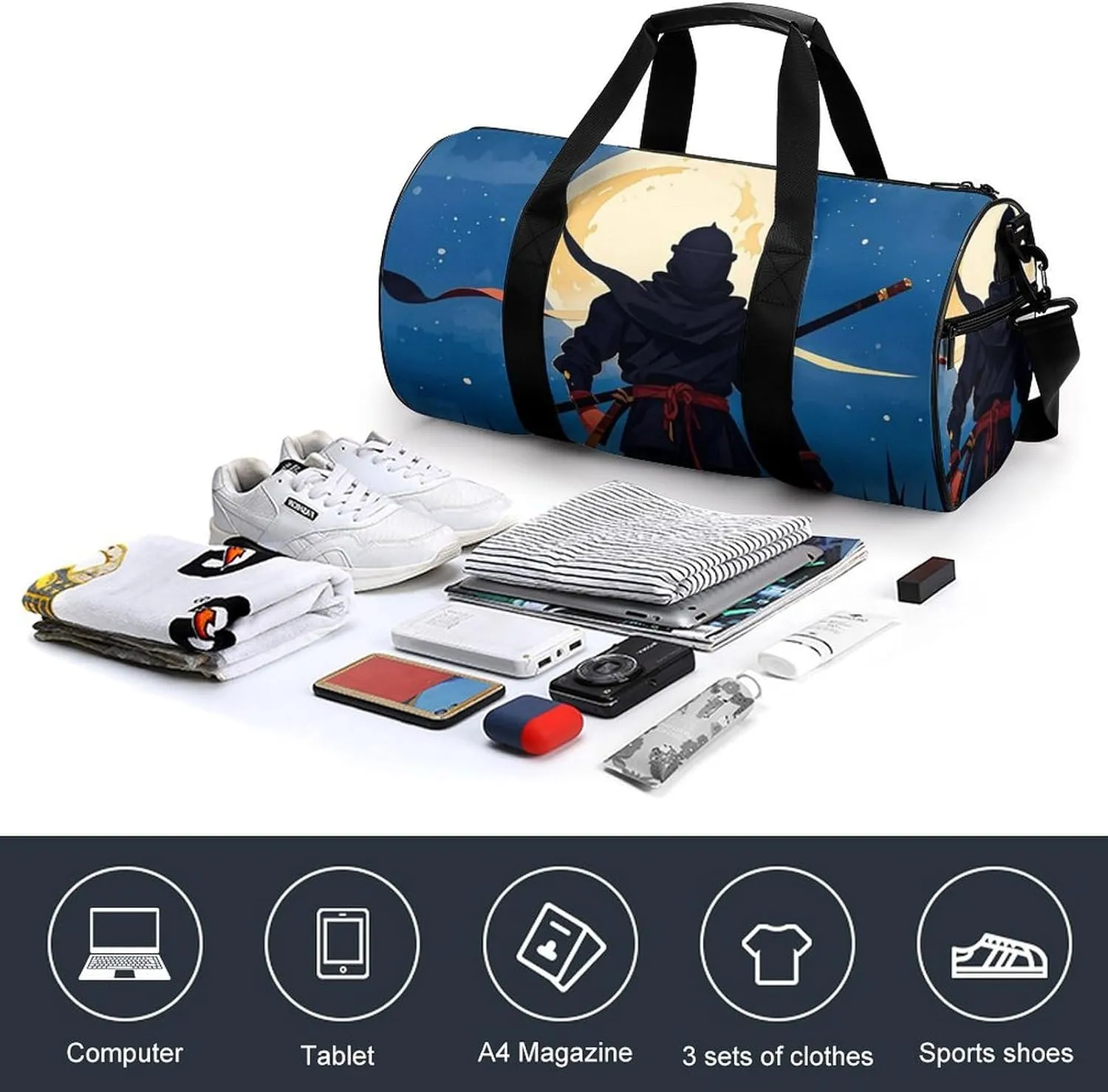 Moonlight Watercolor Style Ninja Gym Bag Small Travel Duffle Bag with Compartment Carry On Weekender Bag for Women Men