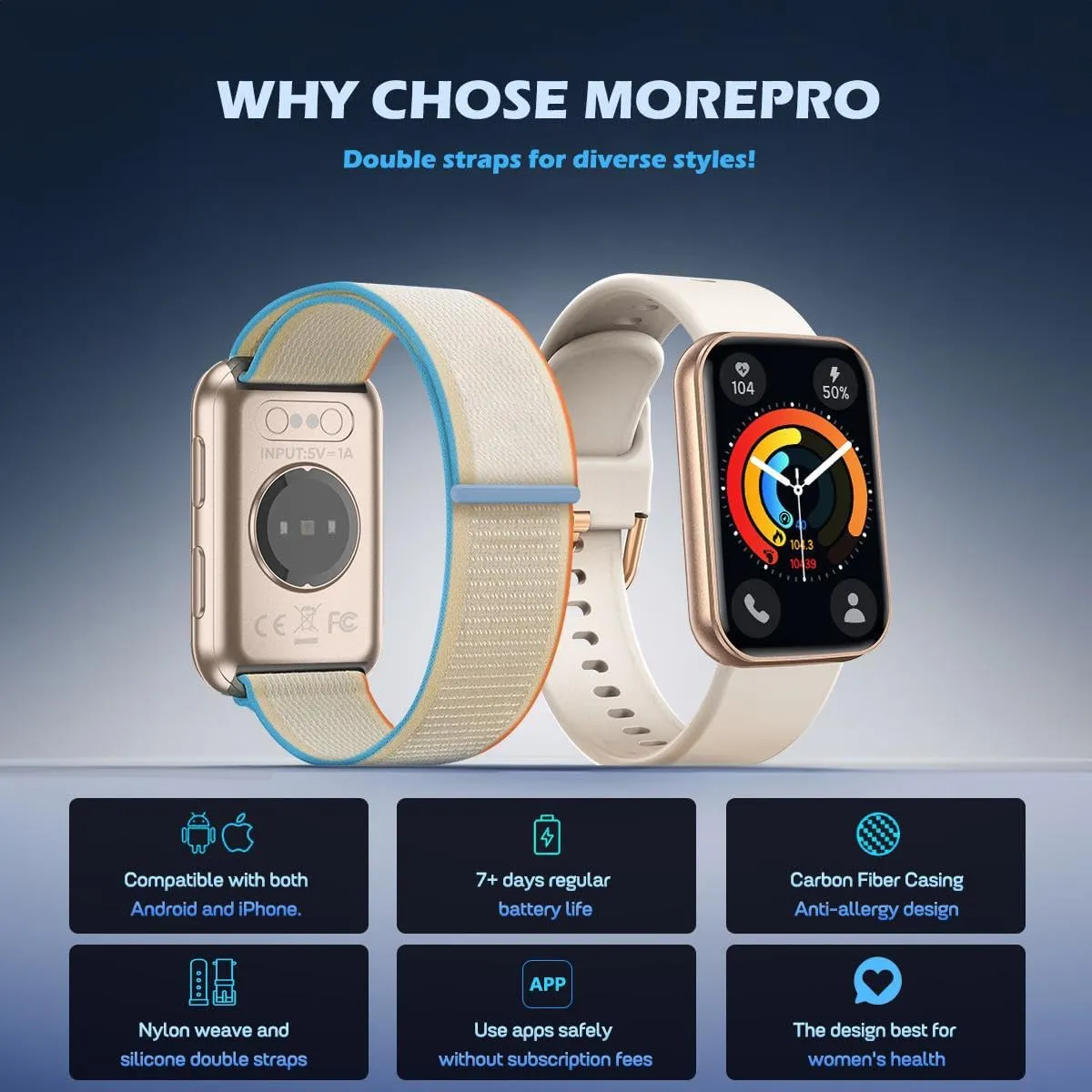 MorePro AIR2 Fitness Tracker, Smart Watch with 24/7 Heart Rate and Blood Pressure, Step Calorie Counter, Sleep & Blood oxy-gen Monitor, IP68 Waterproof Fitness Watch for Women Men Android iOS(Gold)