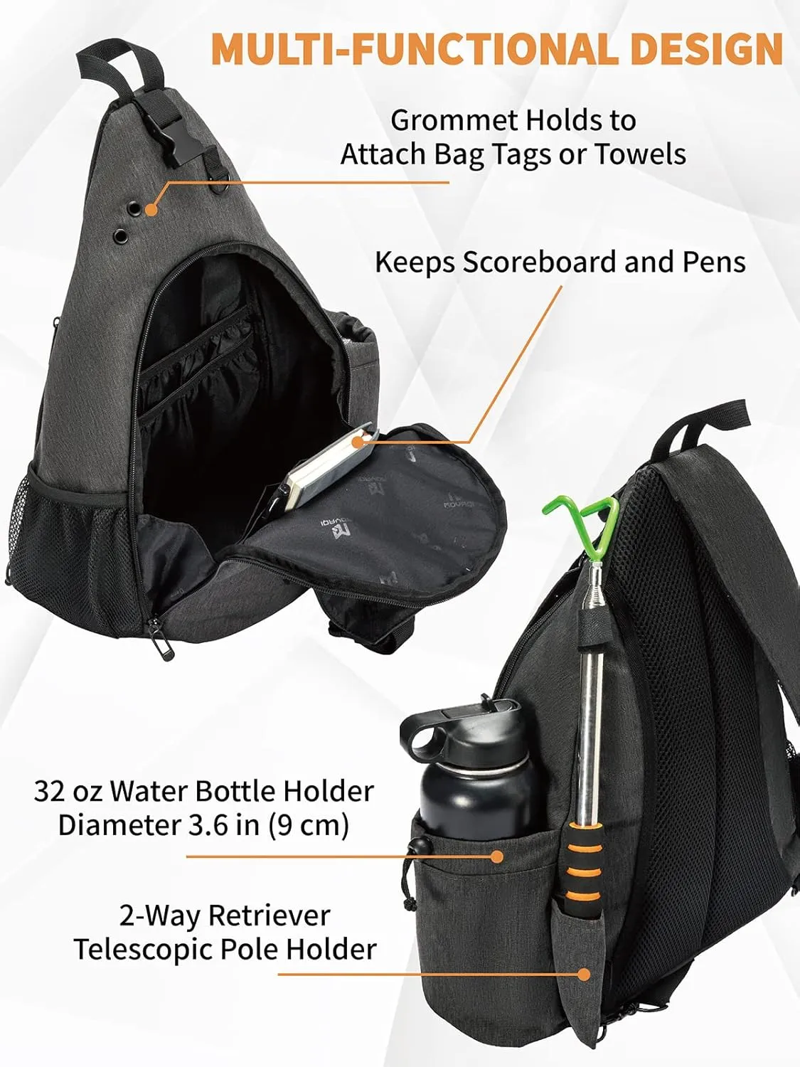 MOYAQI Disc Golf Bag with Retriever Holder and Storage Pockets, Disc Golf Backpack with 8-10 Disc Capacity, Padded Adjustable Strap and Back Panel, Lightweight and Durable