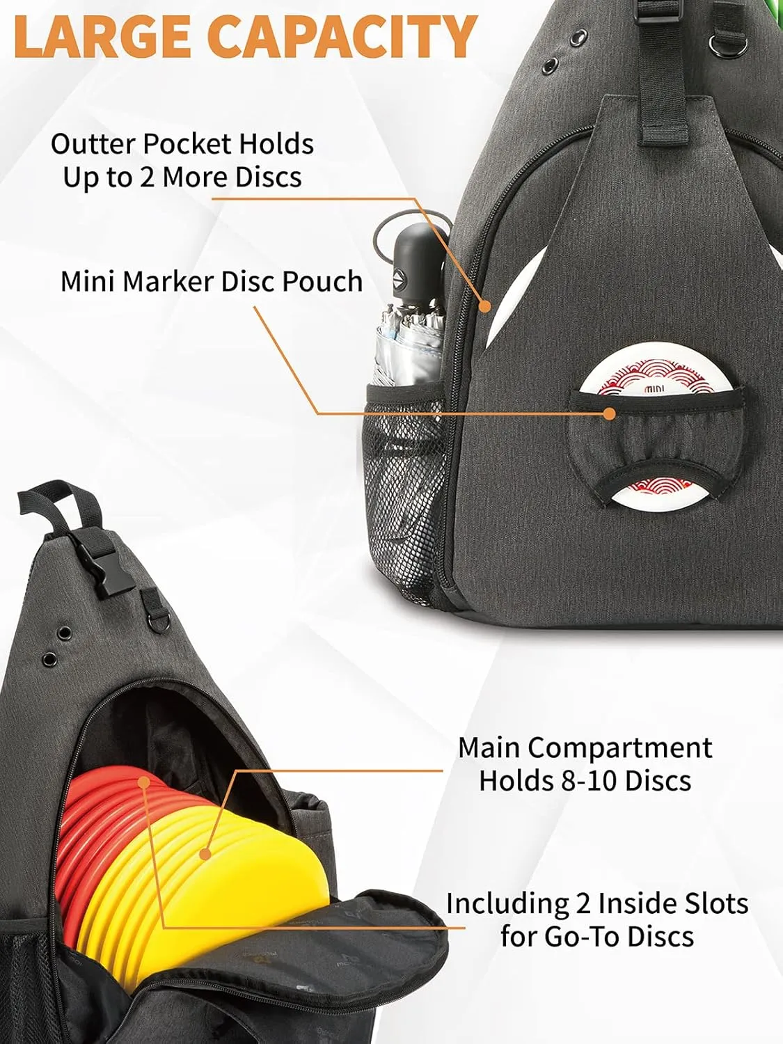 MOYAQI Disc Golf Bag with Retriever Holder and Storage Pockets, Disc Golf Backpack with 8-10 Disc Capacity, Padded Adjustable Strap and Back Panel, Lightweight and Durable