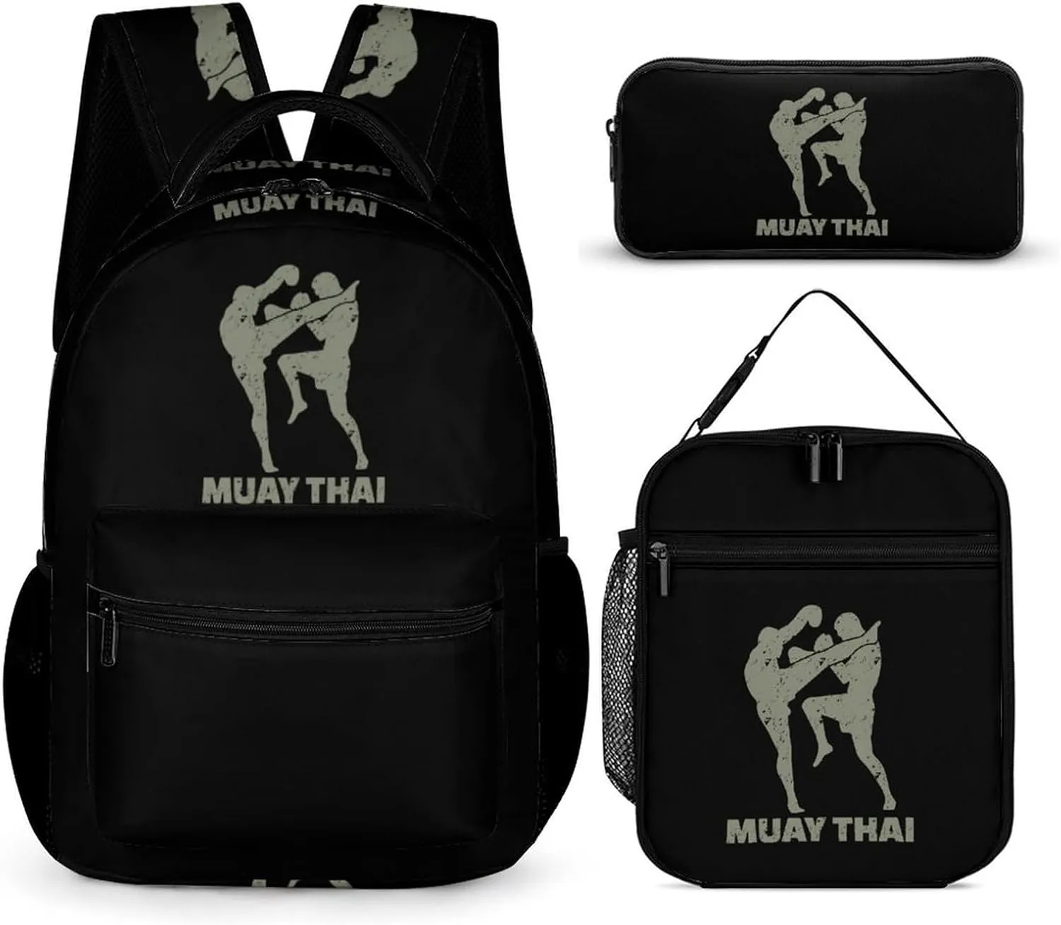 Muay Thai Backpack Set 3 Pieces Laptop Daypack Insulated Lunch Tote Bag Pencil Case for Work Travel