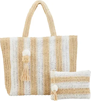 Mud Pie Women's Neutral Straw Tote and Case