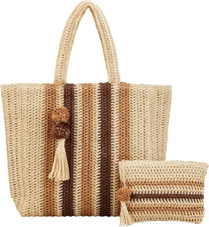 Mud Pie Women's Neutral Straw Tote and Case