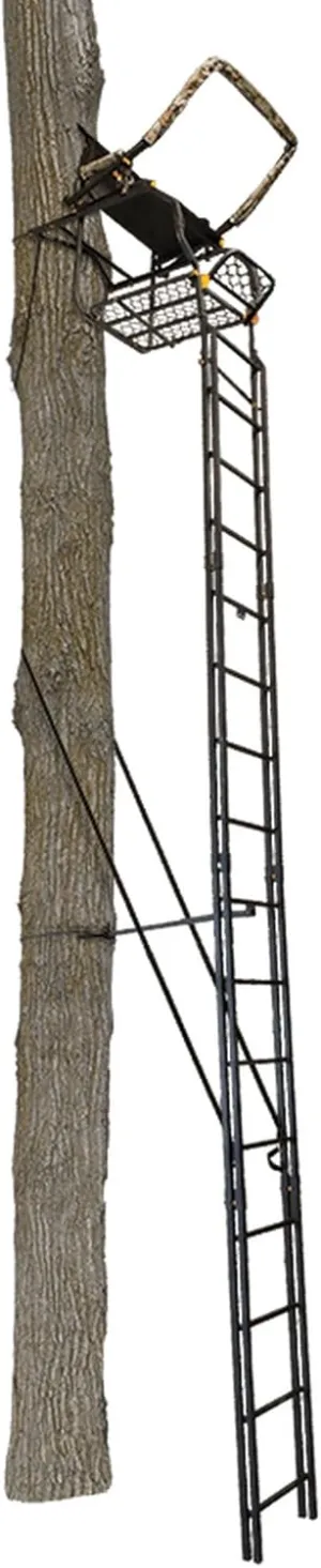 Muddy MLS1550 Skybox Deluxe 20' Tall Single Steel Ladder Tree Stand with Adjustable Padded Shooting Rail for Big Game & Hunting