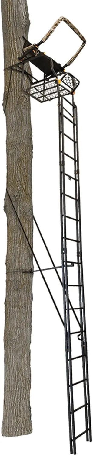 Muddy MLS1550 Skybox Deluxe 20' Tall Single Steel Ladder Tree Stand with Adjustable Padded Shooting Rail for Big Game & Hunting