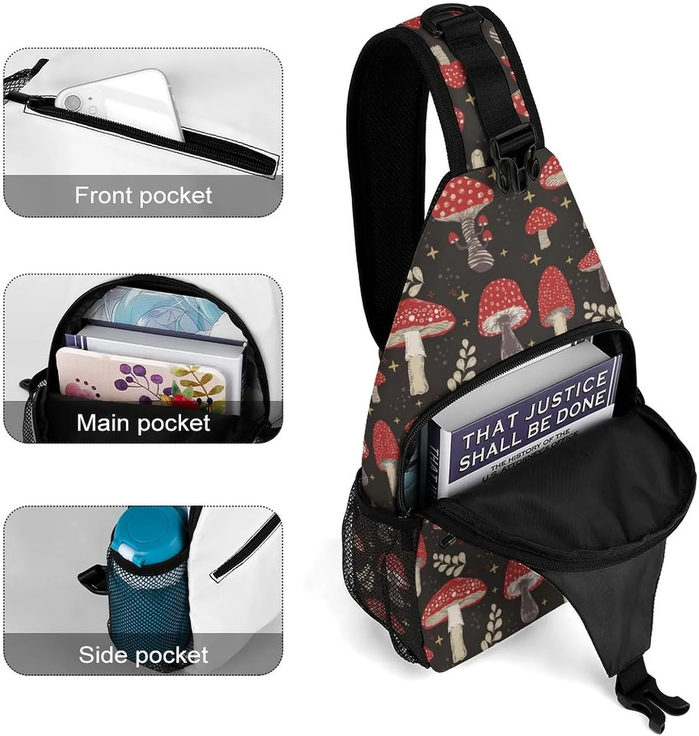 Mushroom Pattern Crossbody Sling Bag for Women Men Travel Chest Bag, Cycling Shoulder Backpack