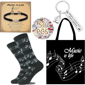 Music Lover Gifts Merch - 5 Set Tote Bag Bracelet Keychain Socks and 50Pcs Stickers - Musics Accessories for Musicians
