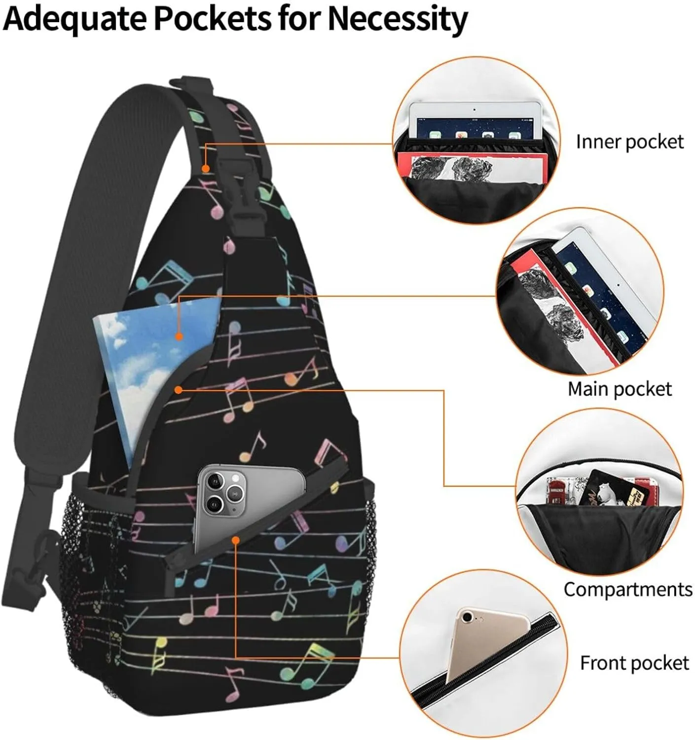 Music Notes Crossbody Bag Music Shoulder Bag Backpack Notes Sling Bag Chest Casual Daypack for Outdoor