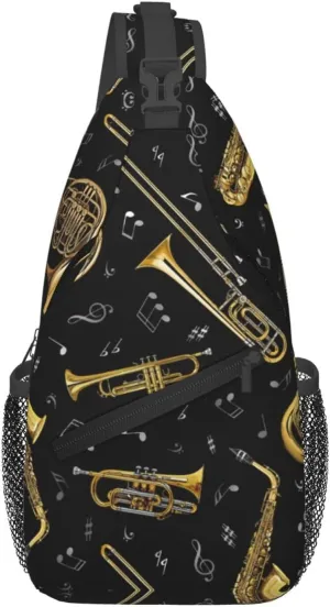 Musical Instruments Print Crossbody Sling Bag, Lightweight Shoulder Backpack Adjustable Outdoor Travel Cycling Bag