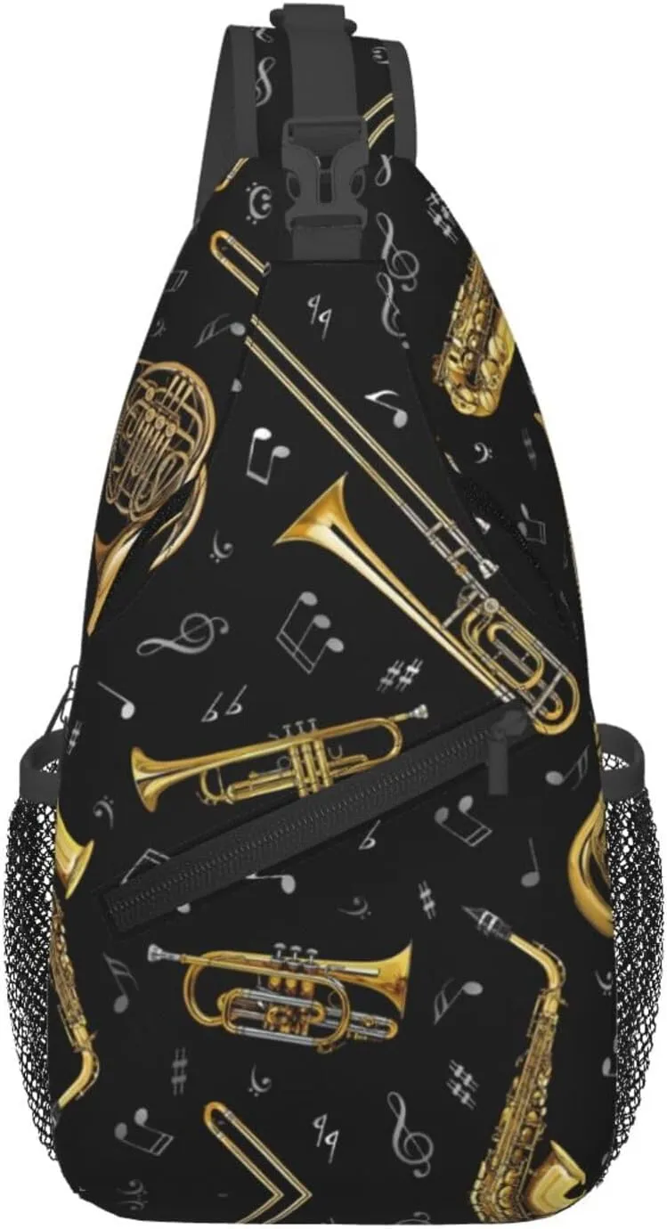 Musical Instruments Print Crossbody Sling Bag, Lightweight Shoulder Backpack Adjustable Outdoor Travel Cycling Bag