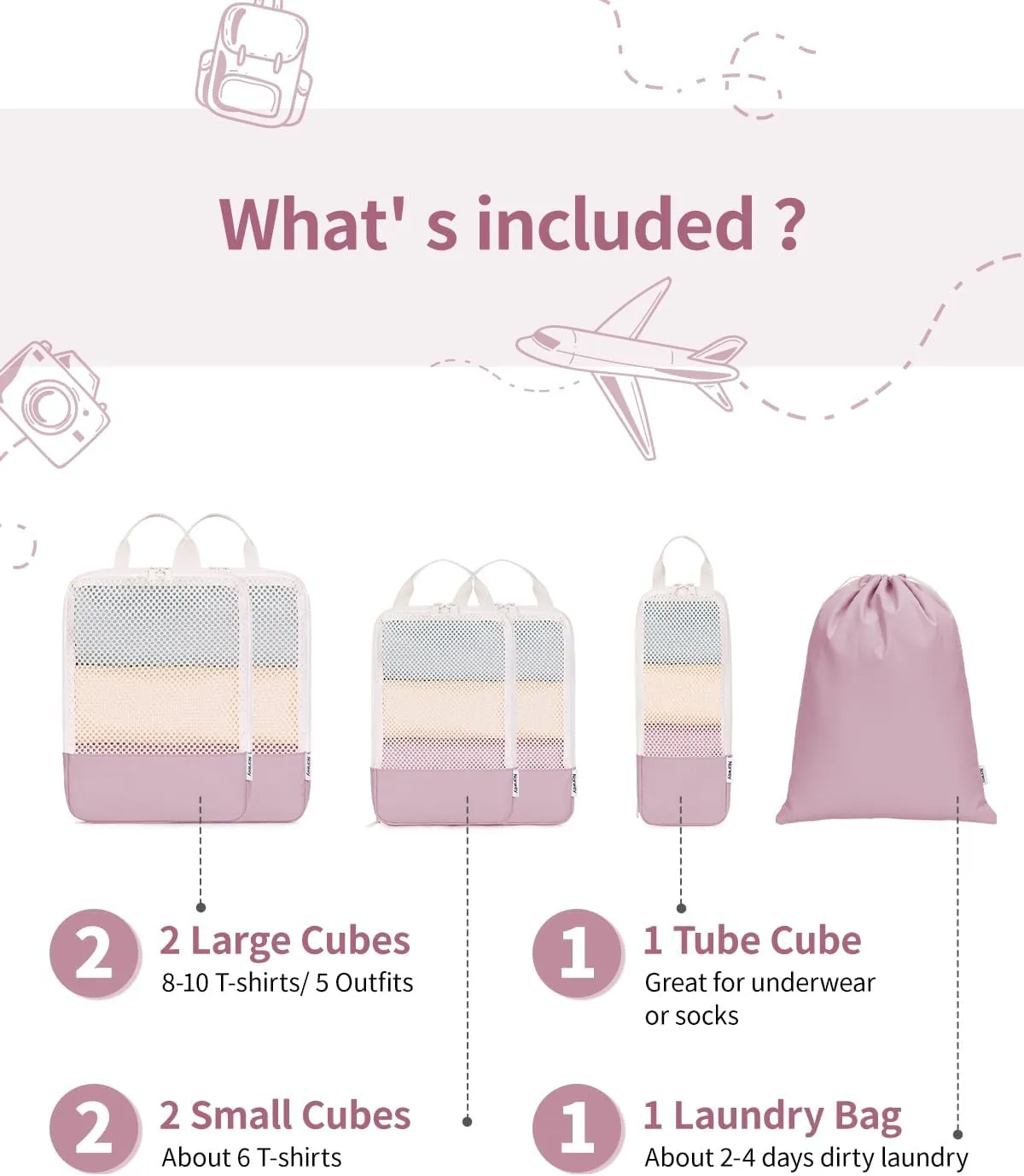 Narwey 6 Set Compression Packing Cubes Travel for Carry on Women, Packing Organizers Bag for Backpack Luggage Suitcase Duffle Bags (Dusty Rose)