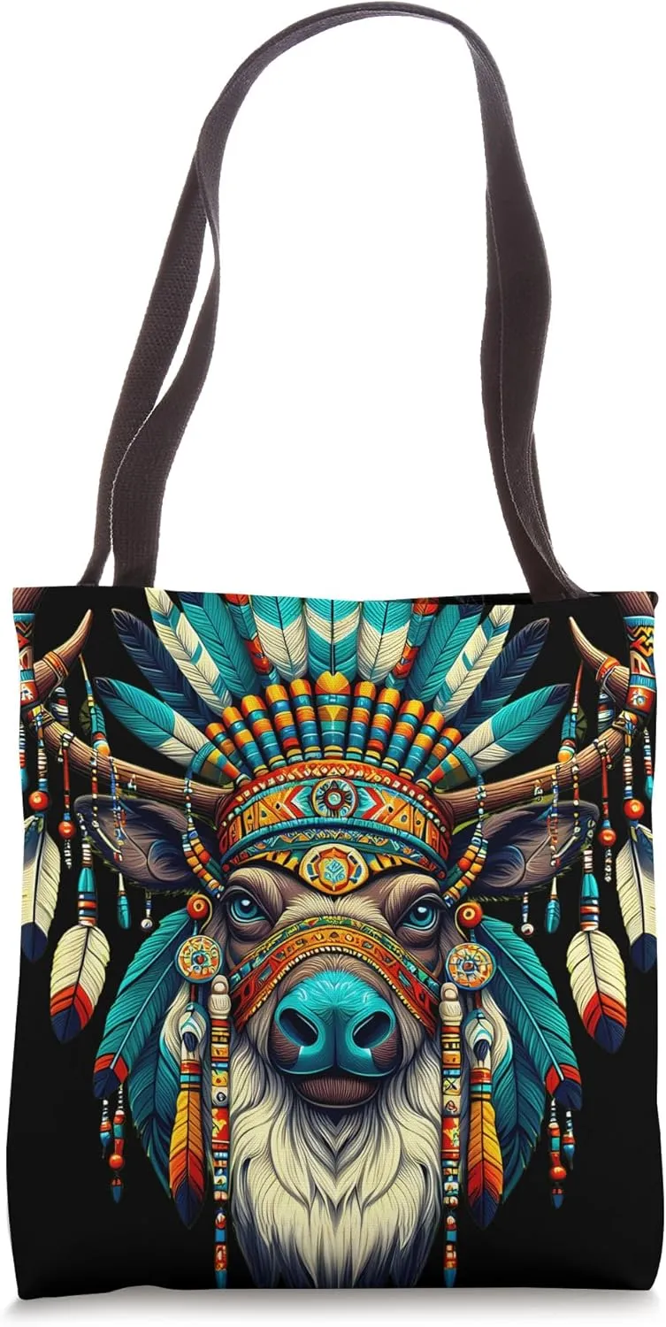 Native Indian Caribou Native American Indian Feathers Tote Bag
