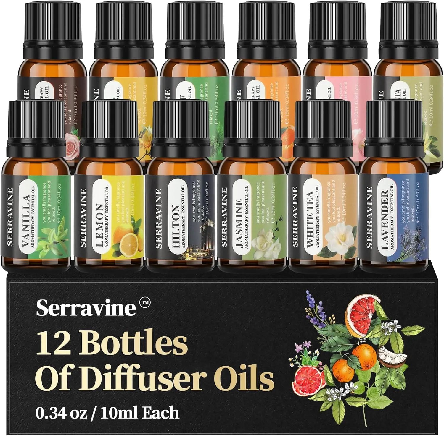 Natural Essential Oils Set, 12 Best Aromatherapy Diffuser Oils with Gift Box & Bag, Essential Oil for Diffusers for Home, Lavender,Lemon,Orange,Vanilla,Jasmine,Rose, Peppermint, White Tea, Freesia