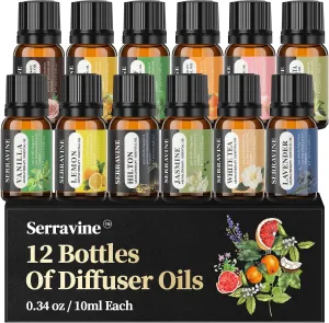 Natural Essential Oils Set, 12 Best Aromatherapy Diffuser Oils with Gift Box & Bag, Essential Oil for Diffusers for Home, Lavender,Lemon,Orange,Vanilla,Jasmine,Rose, Peppermint, White Tea, Freesia
