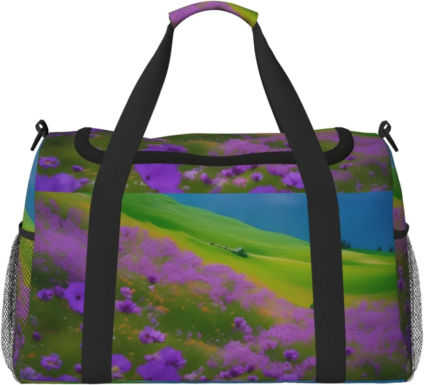 Nature Purple Flowers Meadow Mountain Scenic Print Travel Hand Travel Bag Weekender Overnight Carry On Tote Foldable Crossbody Bag