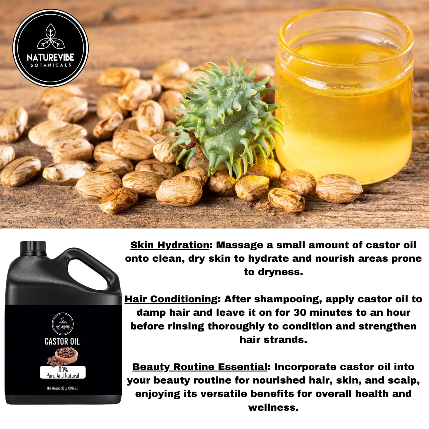 Naturevibe Botanicals Castor Oil 32 Ounces | 100% Pure and Natural | Great for Skin Care and Hair Care | Hexane Free Unrefined Oil for Enhanced Eyebrows and Eyelashes 32 Fl Oz | 946ml