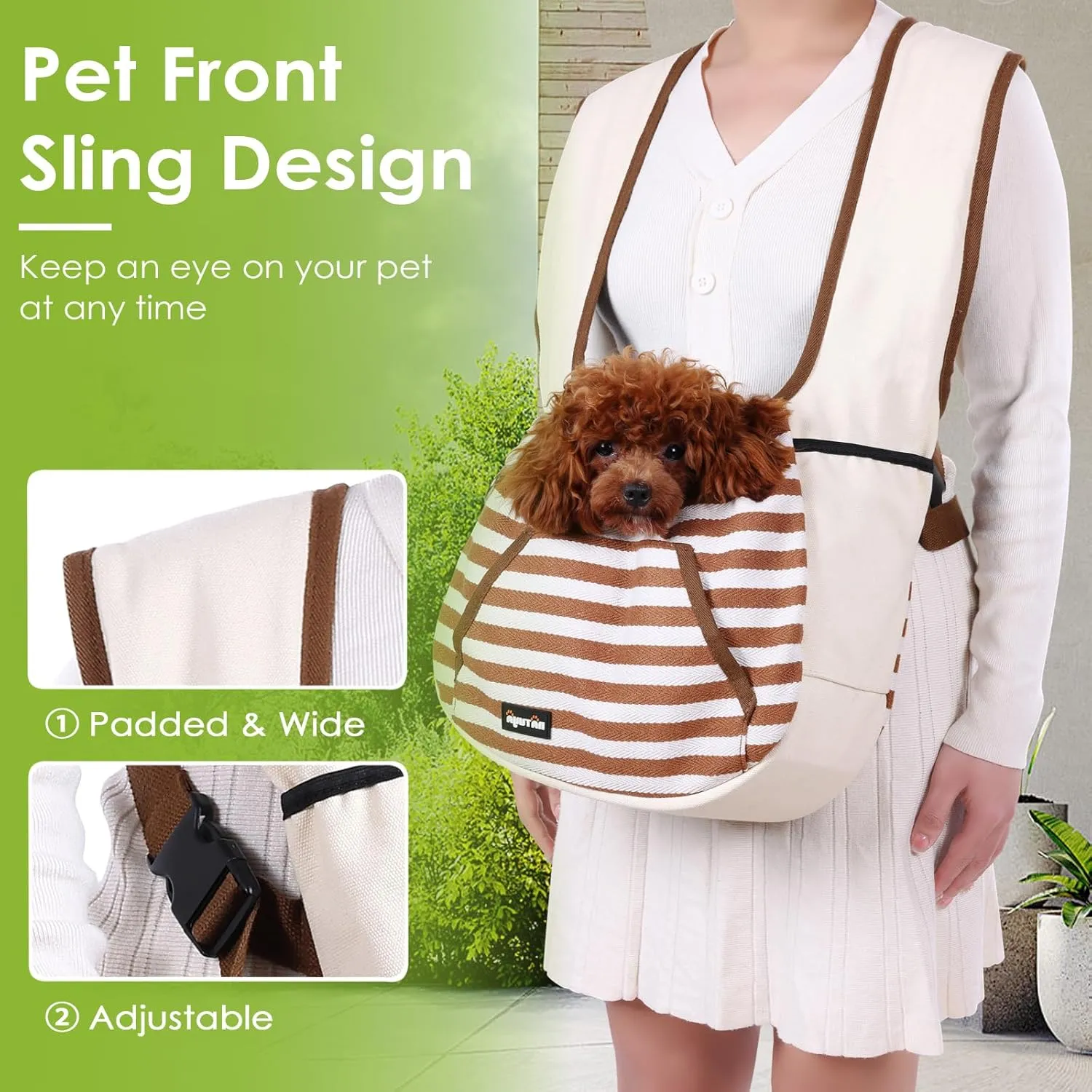 NATUYA Dog Sling Carrier Puppy Carrier, Adjustable Pet Front Sling Carrier Travel Bag with Bottom Pad, Pet Carrier for Small Dog Cat Puppy Traveling Hiking Camping (Khaki, 3-8 lb)