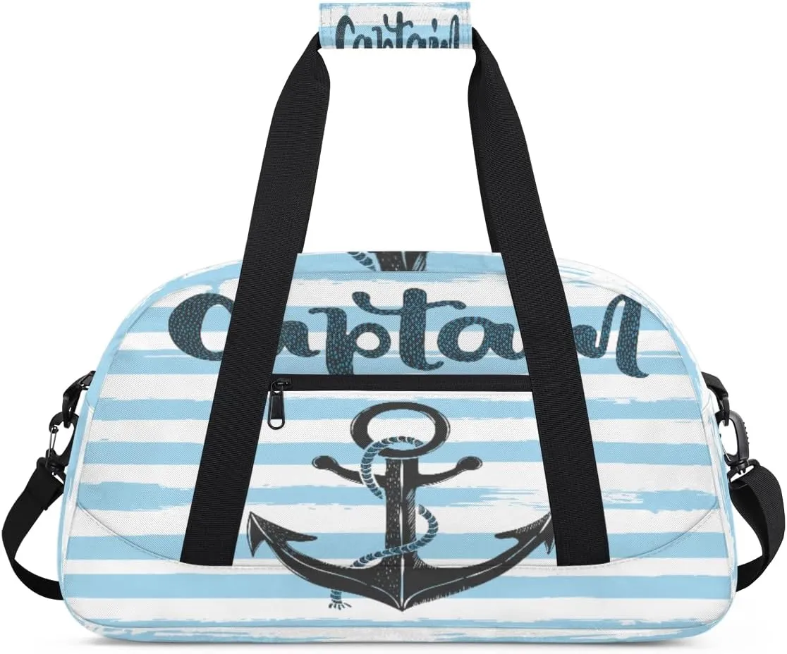 Nautical Anchor Gym Duffel Bag for Men Women Aquamarine Stripes Sports Tote Bag with Adjustable Shoulder Strap for Dance Gymnastics Traveling Outdoor Camping Overnight Stay