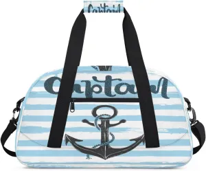 Nautical Anchor Gym Duffel Bag for Men Women Aquamarine Stripes Sports Tote Bag with Adjustable Shoulder Strap for Dance Gymnastics Traveling Outdoor Camping Overnight Stay