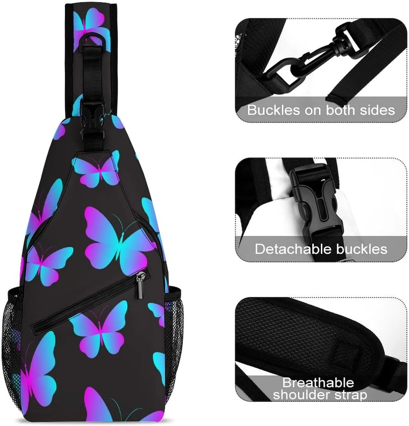 Neon-butterflies-black-background Crossbody Sling Bag for Women Men Travel Chest Bag, Cycling Shoulder Backpack