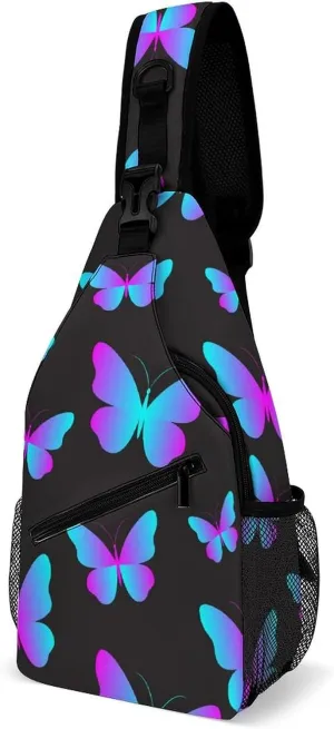 Neon-butterflies-black-background Crossbody Sling Bag for Women Men Travel Chest Bag, Cycling Shoulder Backpack