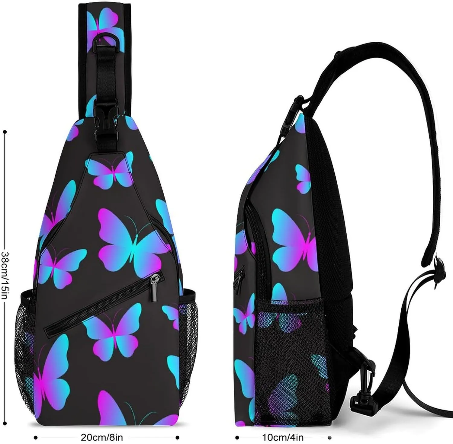 Neon-butterflies-black-background Crossbody Sling Bag for Women Men Travel Chest Bag, Cycling Shoulder Backpack