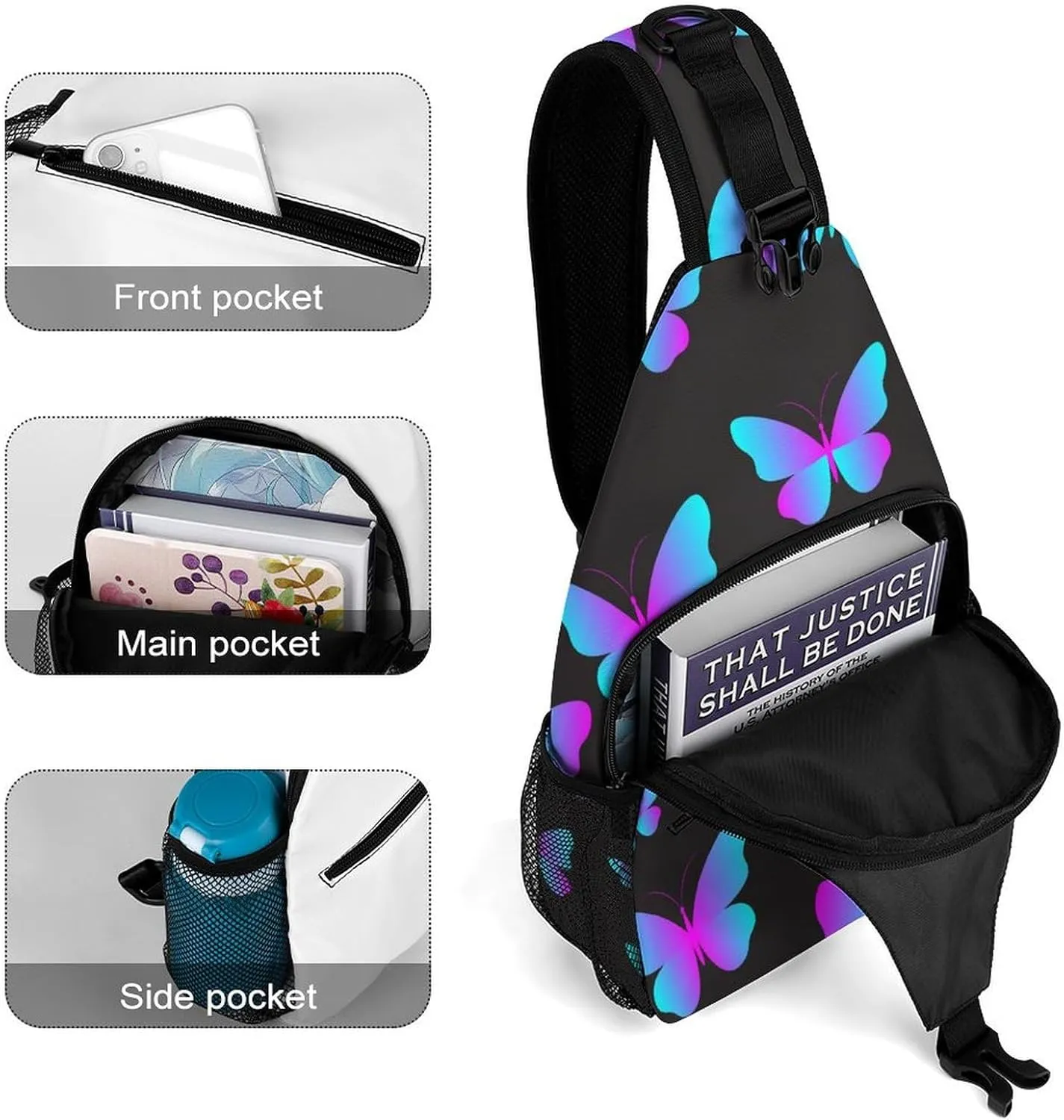 Neon-butterflies-black-background Crossbody Sling Bag for Women Men Travel Chest Bag, Cycling Shoulder Backpack