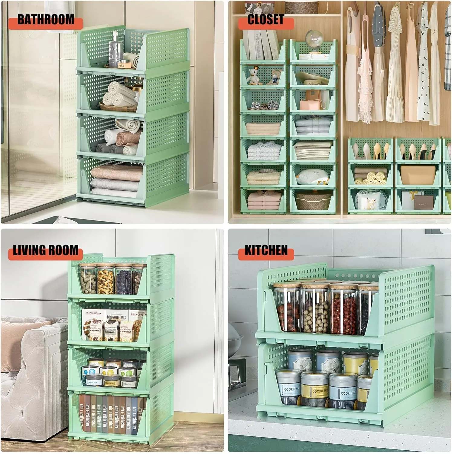 Neprock Closet Organizers - 5 Pack Folding Plastic Drawer Storage for Clothes, Stackable Bins for Closet, Cupboard, RV Bathroom (5L Green)