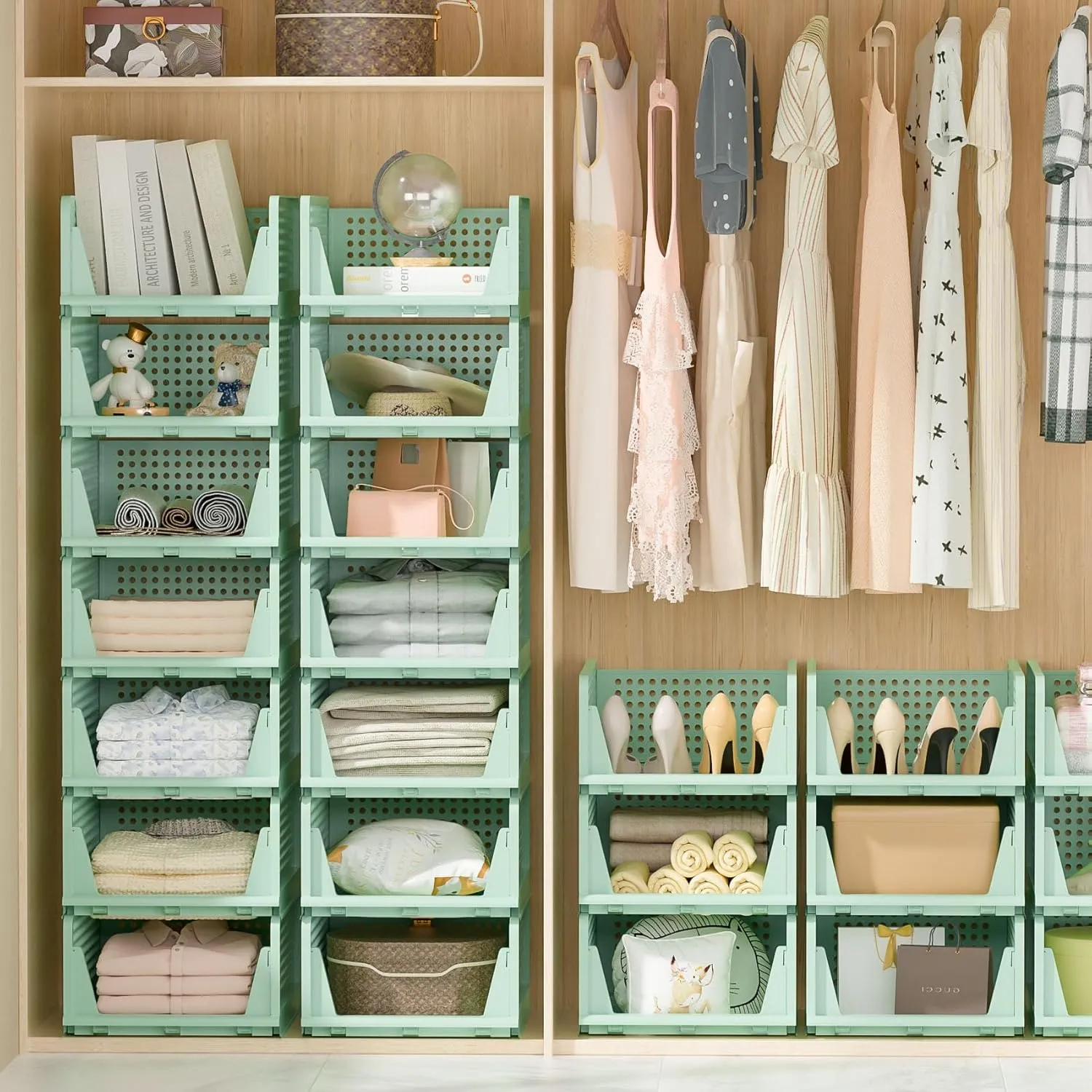 Neprock Closet Organizers - 5 Pack Folding Plastic Drawer Storage for Clothes, Stackable Bins for Closet, Cupboard, RV Bathroom (5L Green)