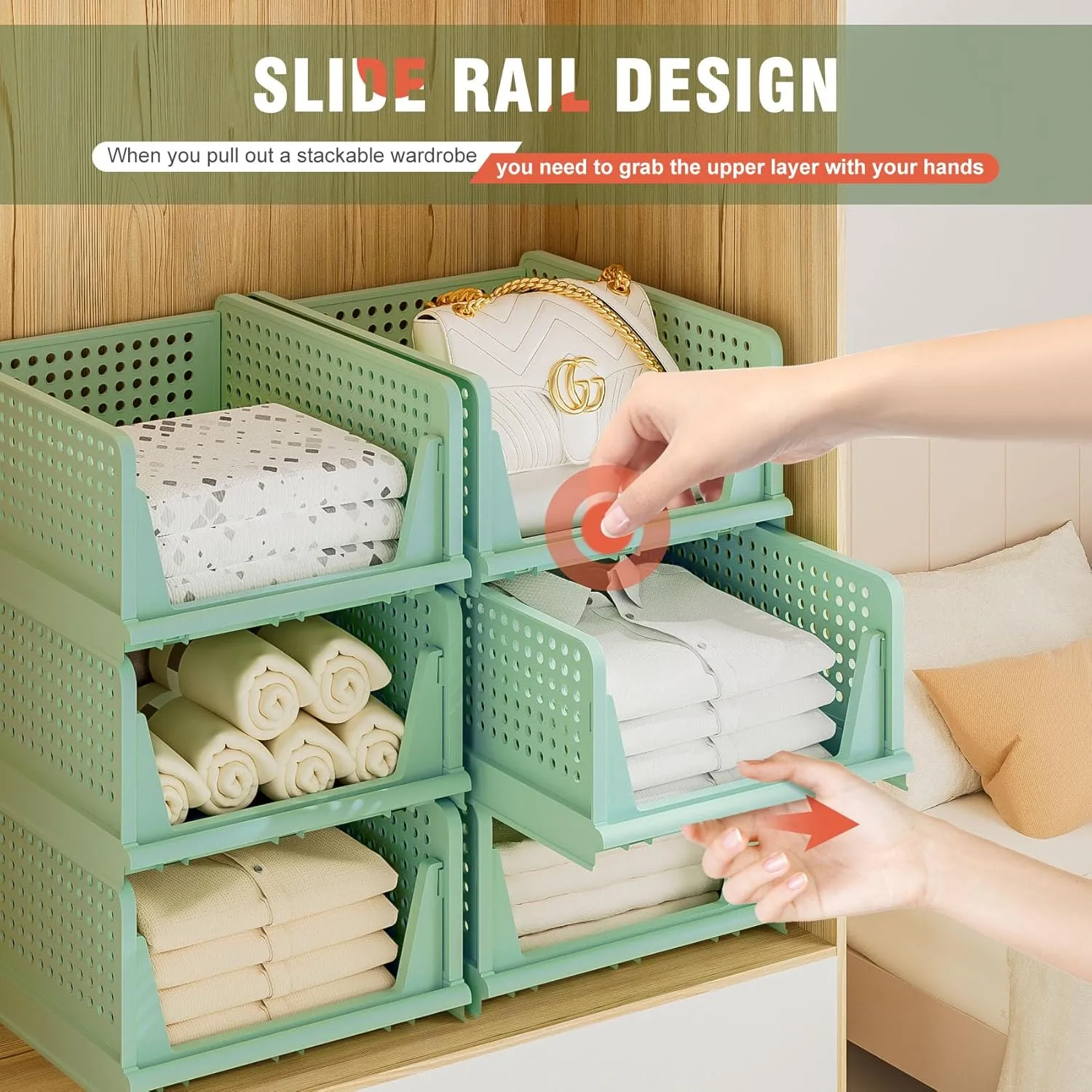 Neprock Closet Organizers - 5 Pack Folding Plastic Drawer Storage for Clothes, Stackable Bins for Closet, Cupboard, RV Bathroom (5L Green)