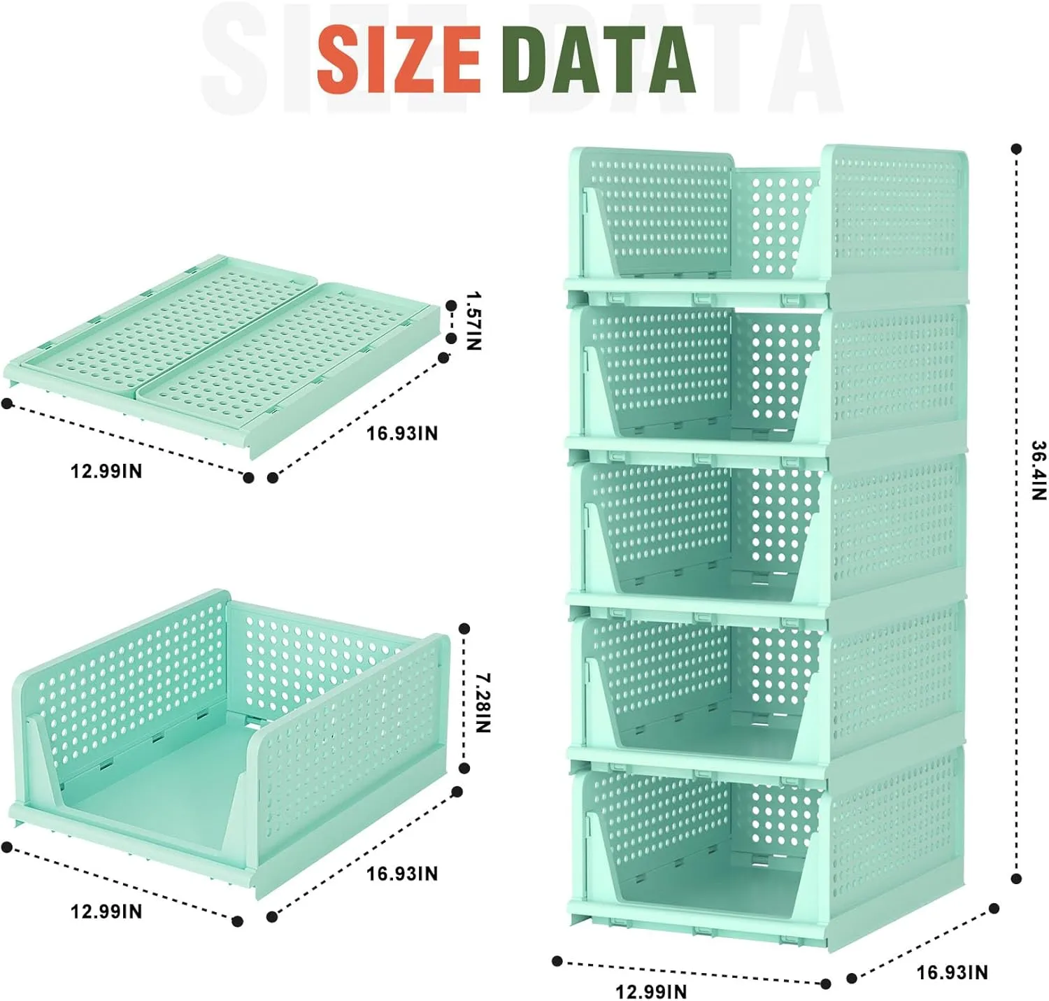 Neprock Closet Organizers - 5 Pack Folding Plastic Drawer Storage for Clothes, Stackable Bins for Closet, Cupboard, RV Bathroom (5L Green)