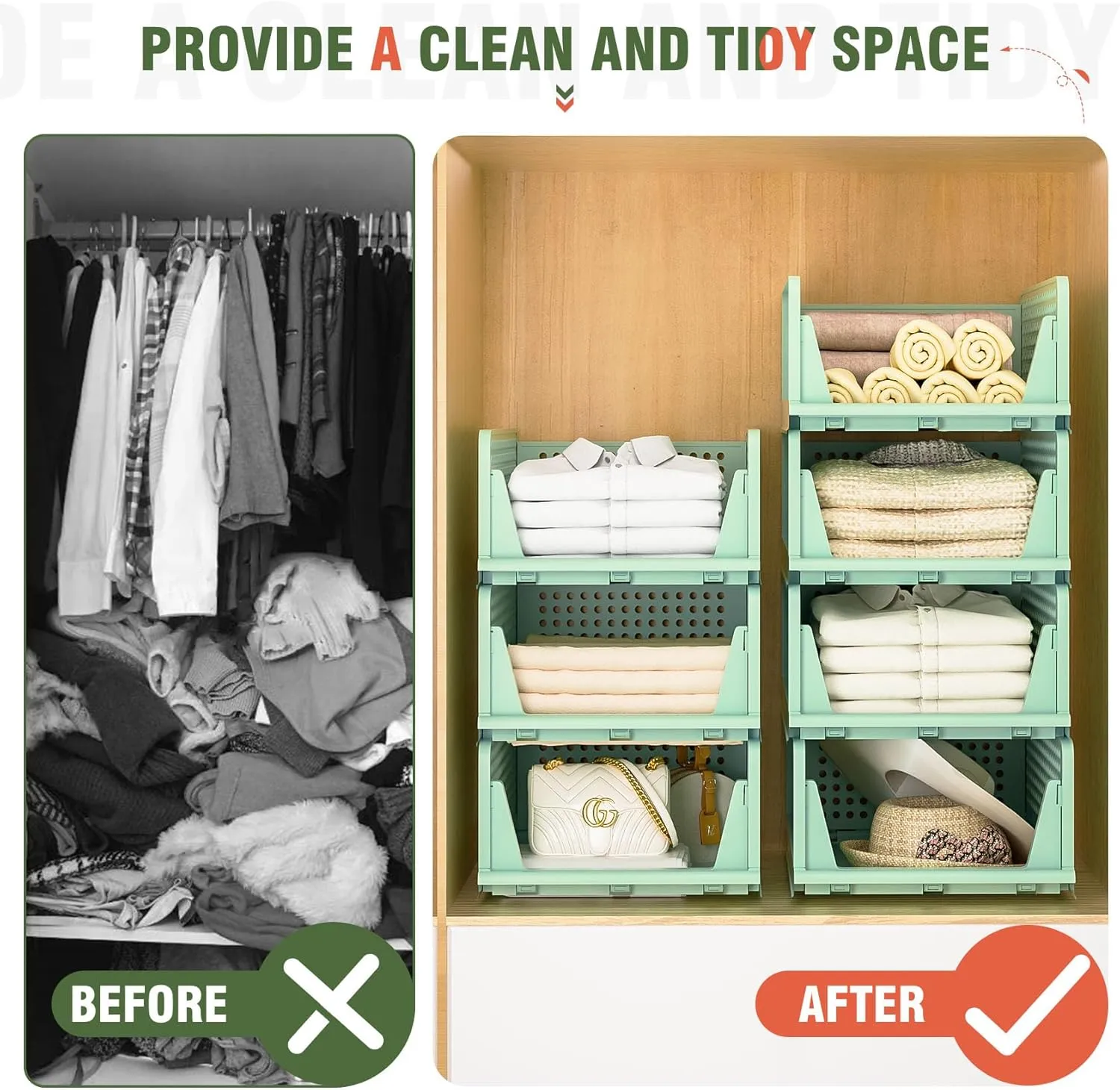 Neprock Closet Organizers - 5 Pack Folding Plastic Drawer Storage for Clothes, Stackable Bins for Closet, Cupboard, RV Bathroom (5L Green)