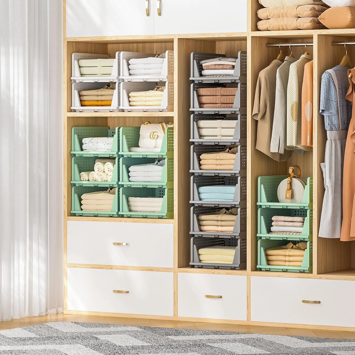 Neprock Closet Organizers - 5 Pack Folding Plastic Drawer Storage for Clothes, Stackable Bins for Closet, Cupboard, RV Bathroom (5L Green)
