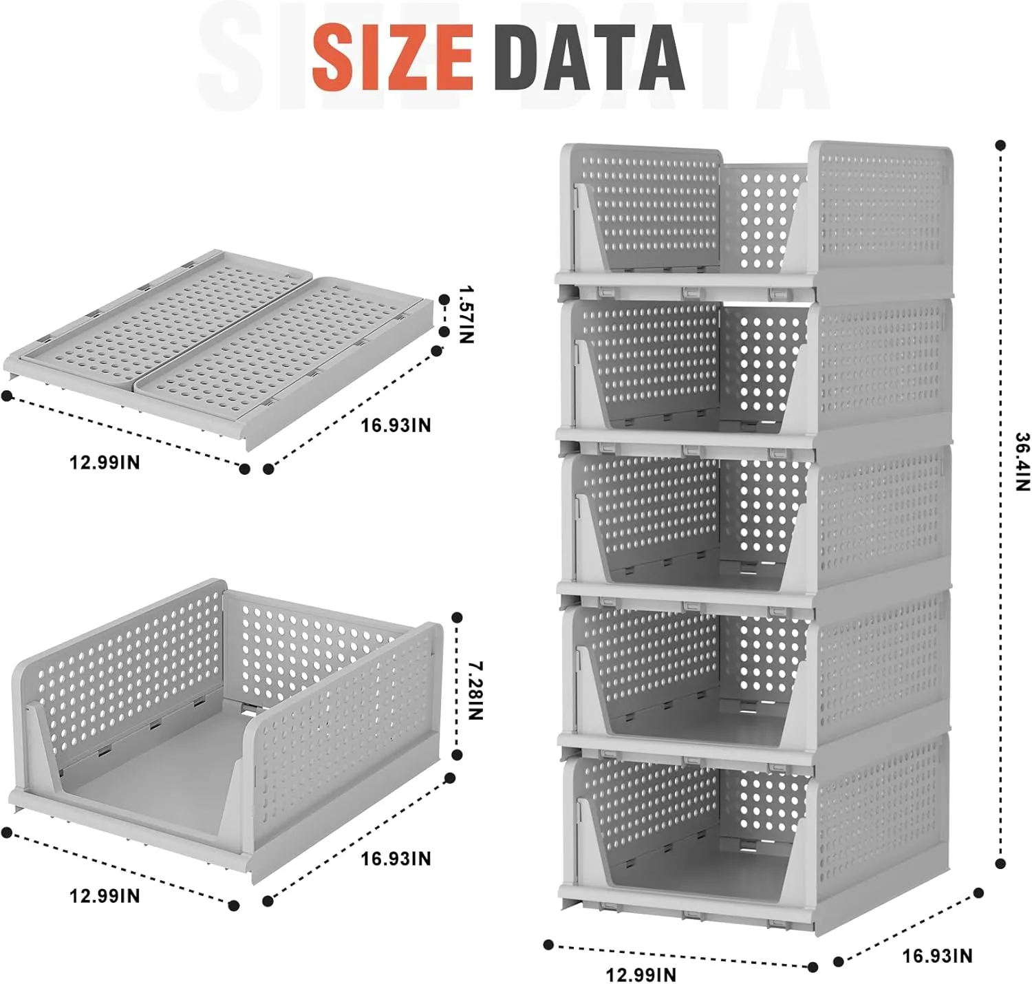 Neprock Closet Organizers, 5 Pack Folding Plastic Drawer Storage for Clothes, Stackable Storage Bins for Closet Cupboard RV Bathroom (5 L) (Gray)