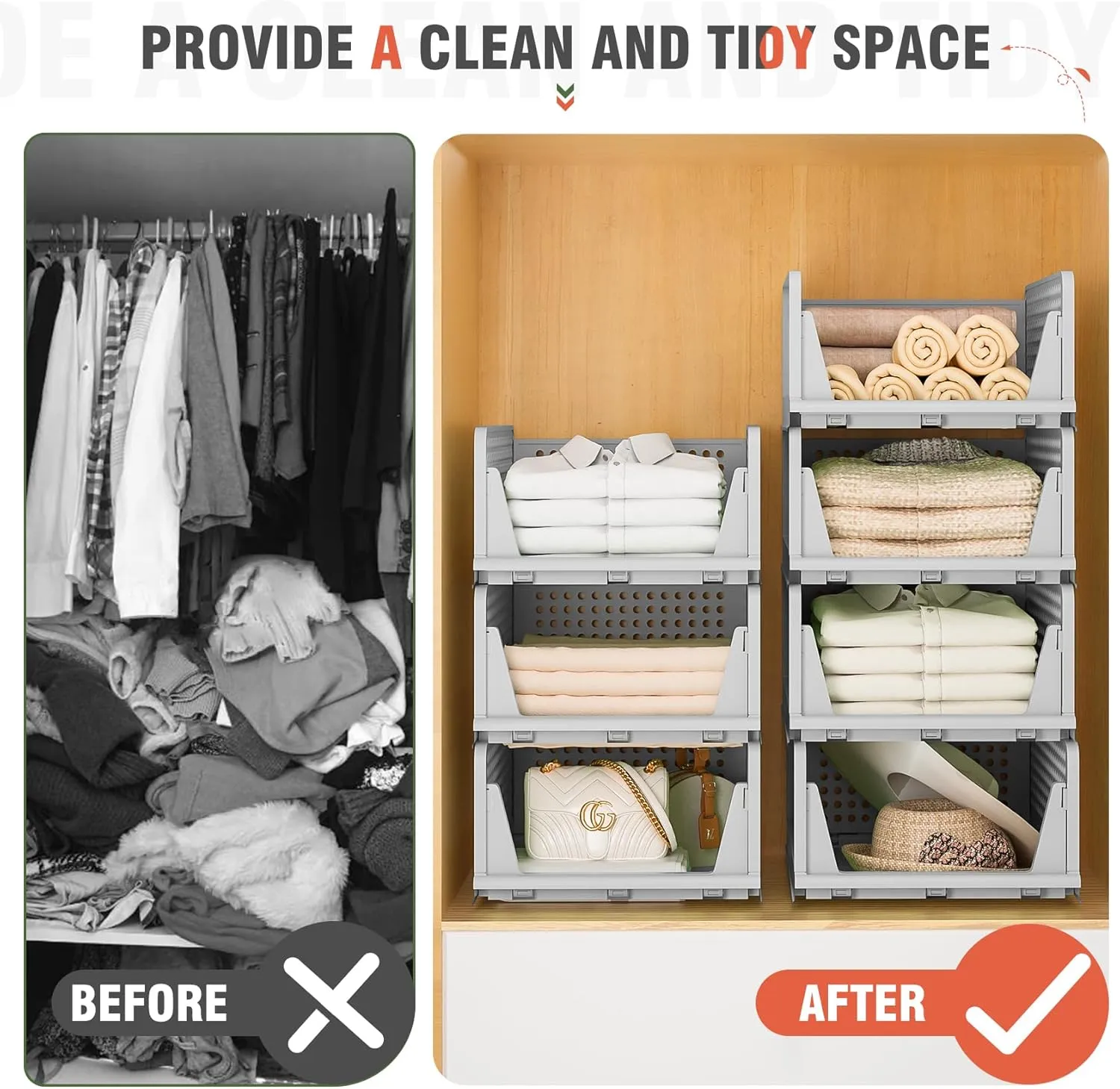 Neprock Closet Organizers, 5 Pack Folding Plastic Drawer Storage for Clothes, Stackable Storage Bins for Closet Cupboard RV Bathroom (5 L) (Gray)