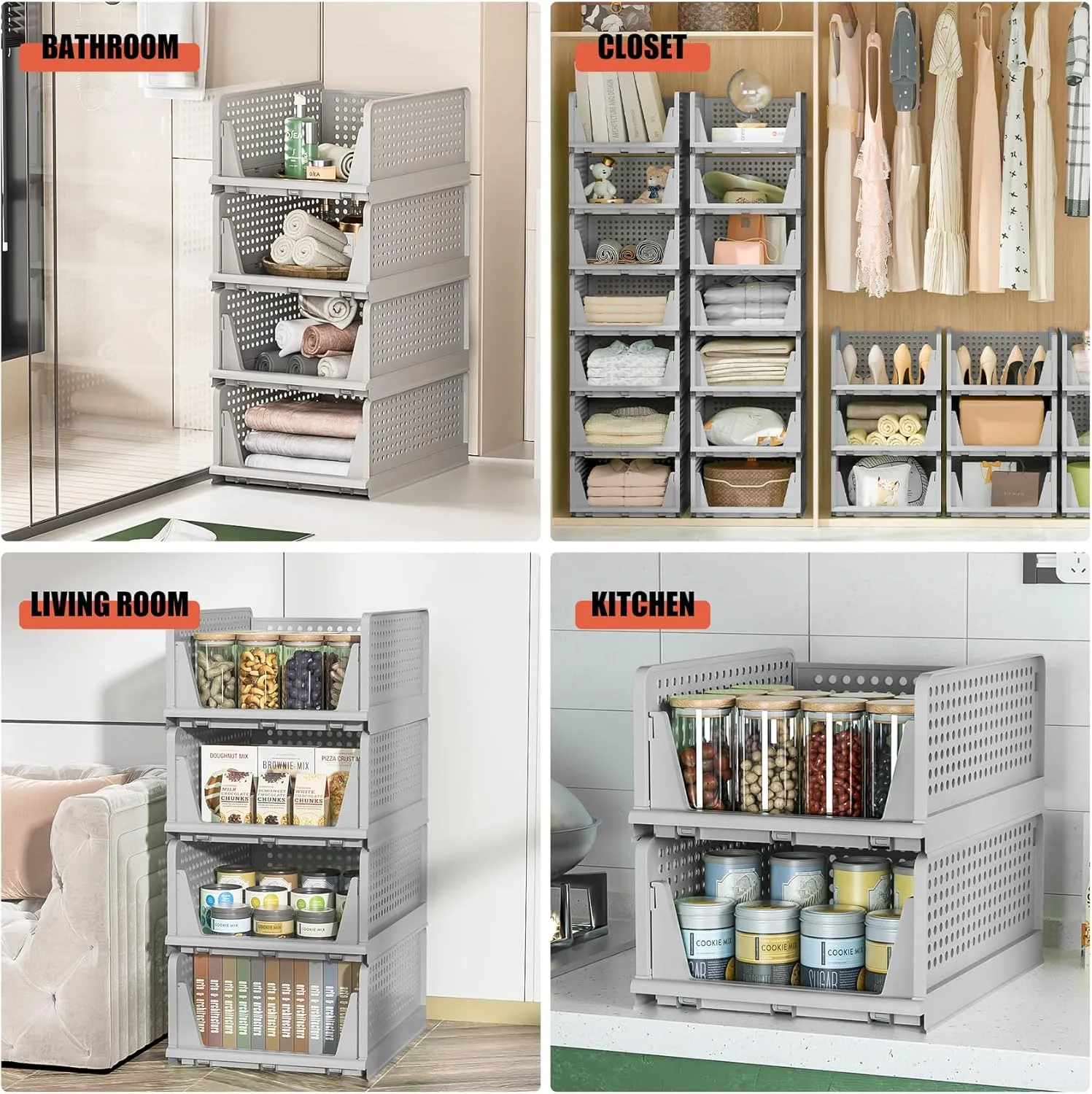 Neprock Closet Organizers, 5 Pack Folding Plastic Drawer Storage for Clothes, Stackable Storage Bins for Closet Cupboard RV Bathroom (5 L) (Gray)