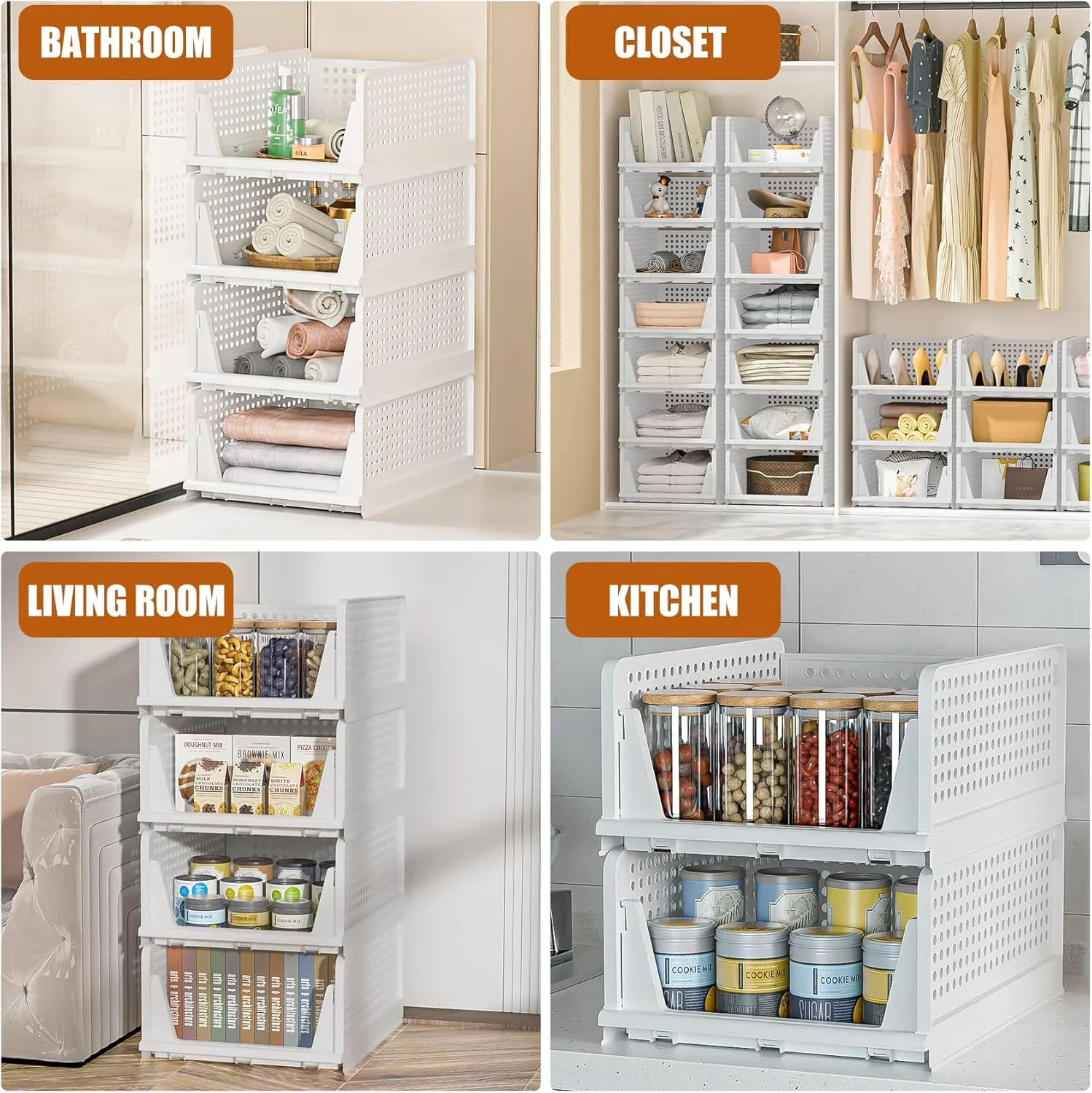 Neprock Clothes Organizers and Storage, 5 Pack Stackable Plastic Bins, Foldable Closet Organizers Drawers for Clothing storage (5L)（White）