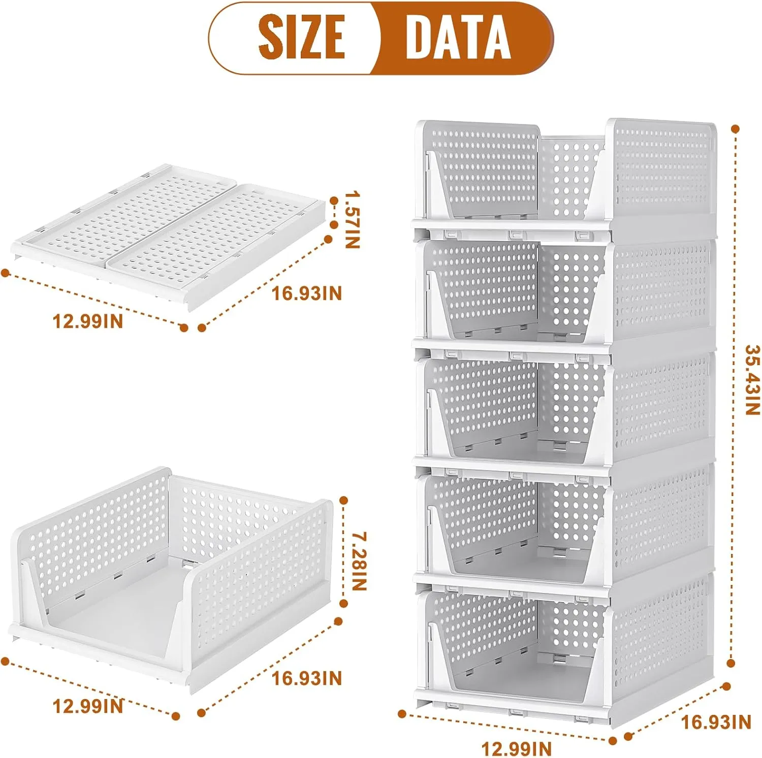 Neprock Clothes Organizers and Storage, 5 Pack Stackable Plastic Bins, Foldable Closet Organizers Drawers for Clothing storage (5L)（White）