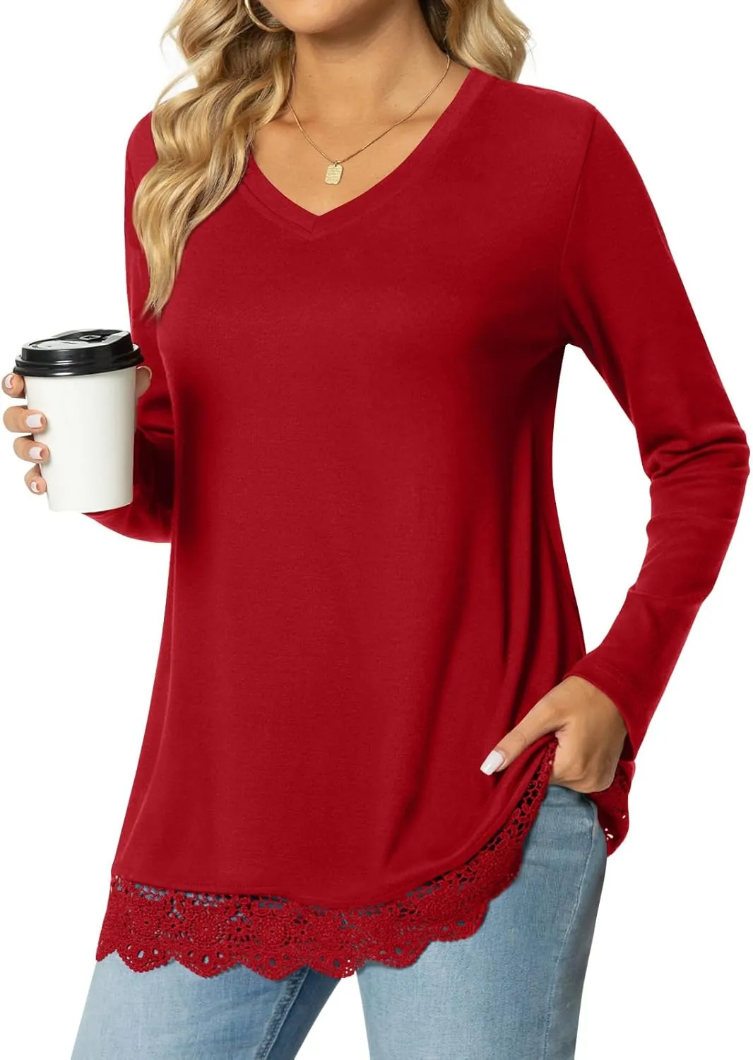 Netsmile Women's Fall Long Sleeve V-Neck Tunic Tops Casual Sweatshirt for Leggings