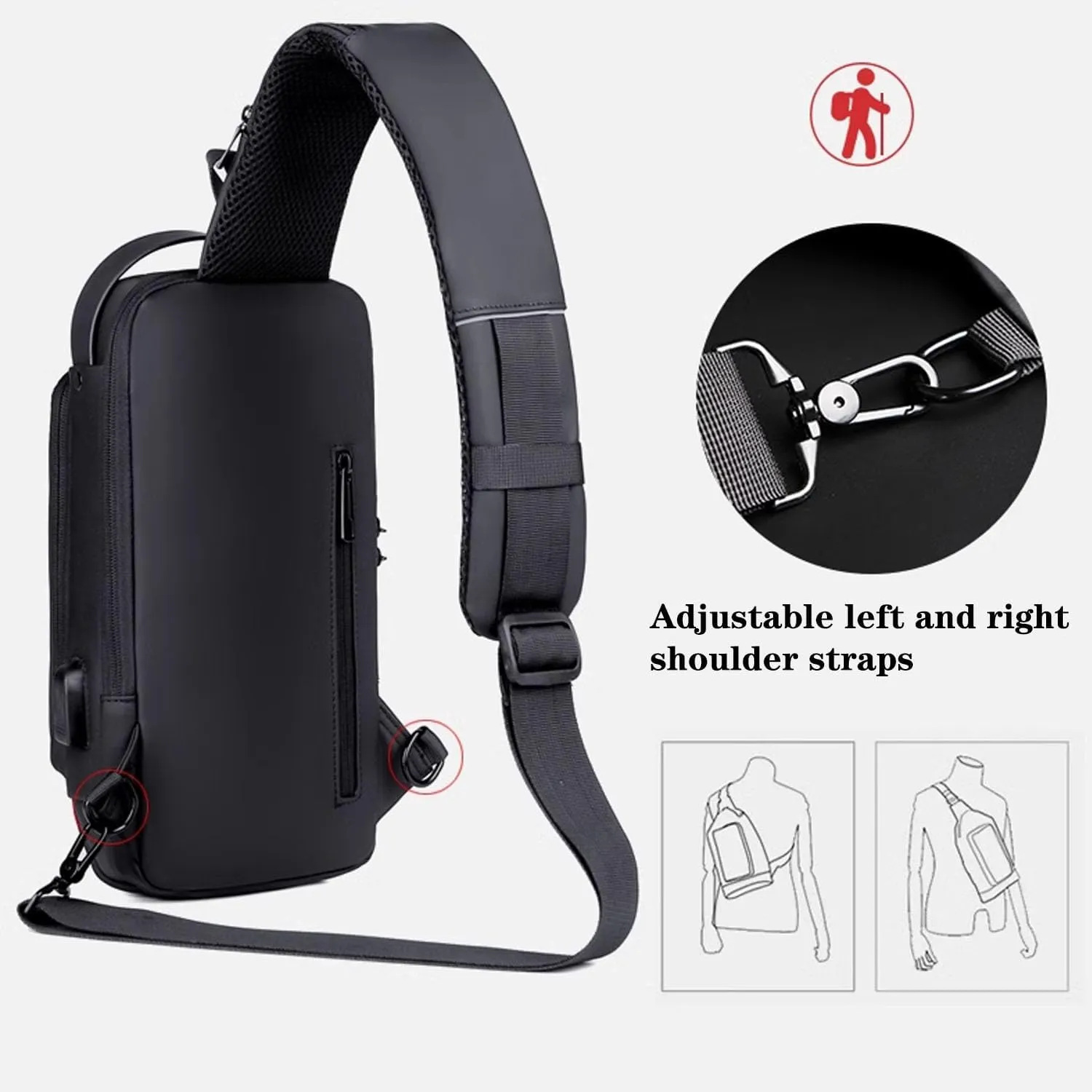 New Carbon Fiber Streamline Anti-Theft Sling Bag, USB Charging Waterproof Shoulder Backpack, for Daily Trips, Commutes, Sport (Black Brown-A)